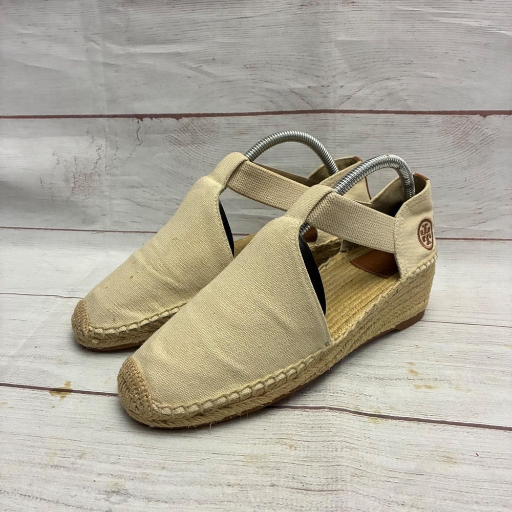 Tory Burch Catalina Espadrille Wedge Sandals Womens 9 Cream Beige Canvas Logo